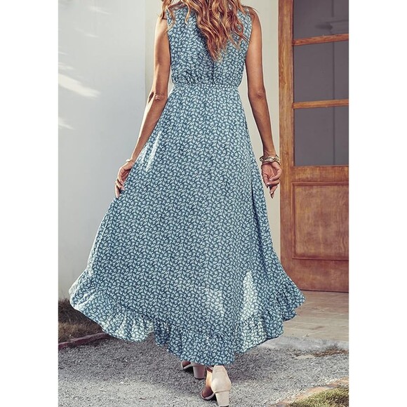 KIRUNDO Sleeveless Floral Print High Low Tie V Neck Ruffle A-Line Dress Sz S - Picture 2 of 7